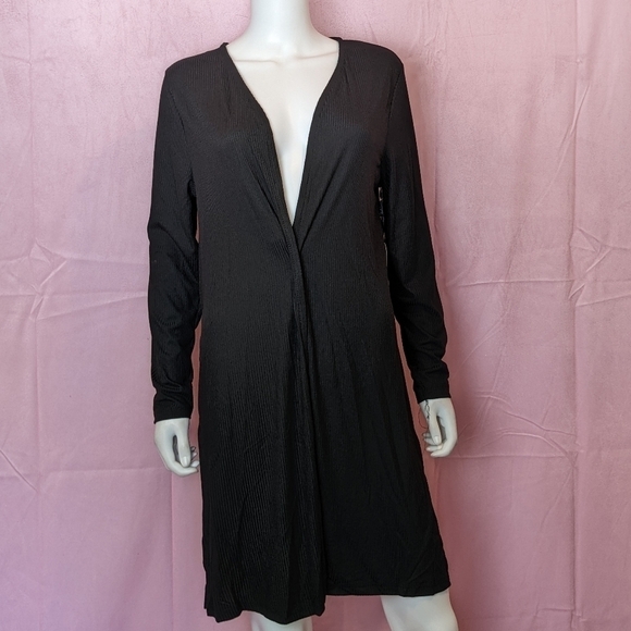 Splash Black Ribbed Longline Open Front Cardigan Sweater with Slit Sides - Picture 1 of 9
